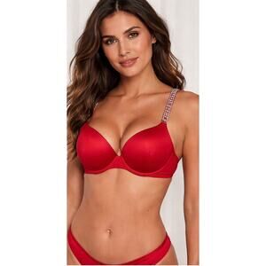 Victoria's Secret Red Satin Push-Up Bra with Rhinestone Straps - Sexy Lingerie